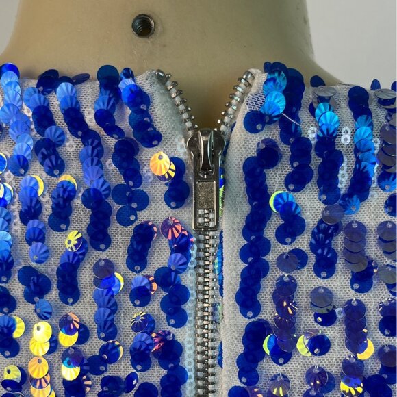 Women's Blue Sequin Puff Sleeve Mini Dress With Deep V-Nec Sz S - Picture 5 of 8